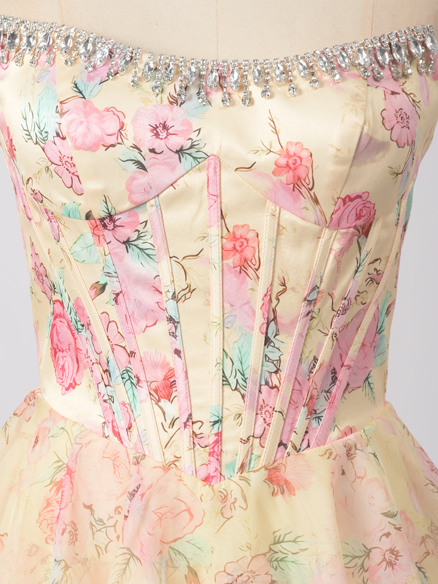 Cicinia Yellow Prom Dresses Long Printed Fabric A-line Sleeveless Slit Layered Gowns