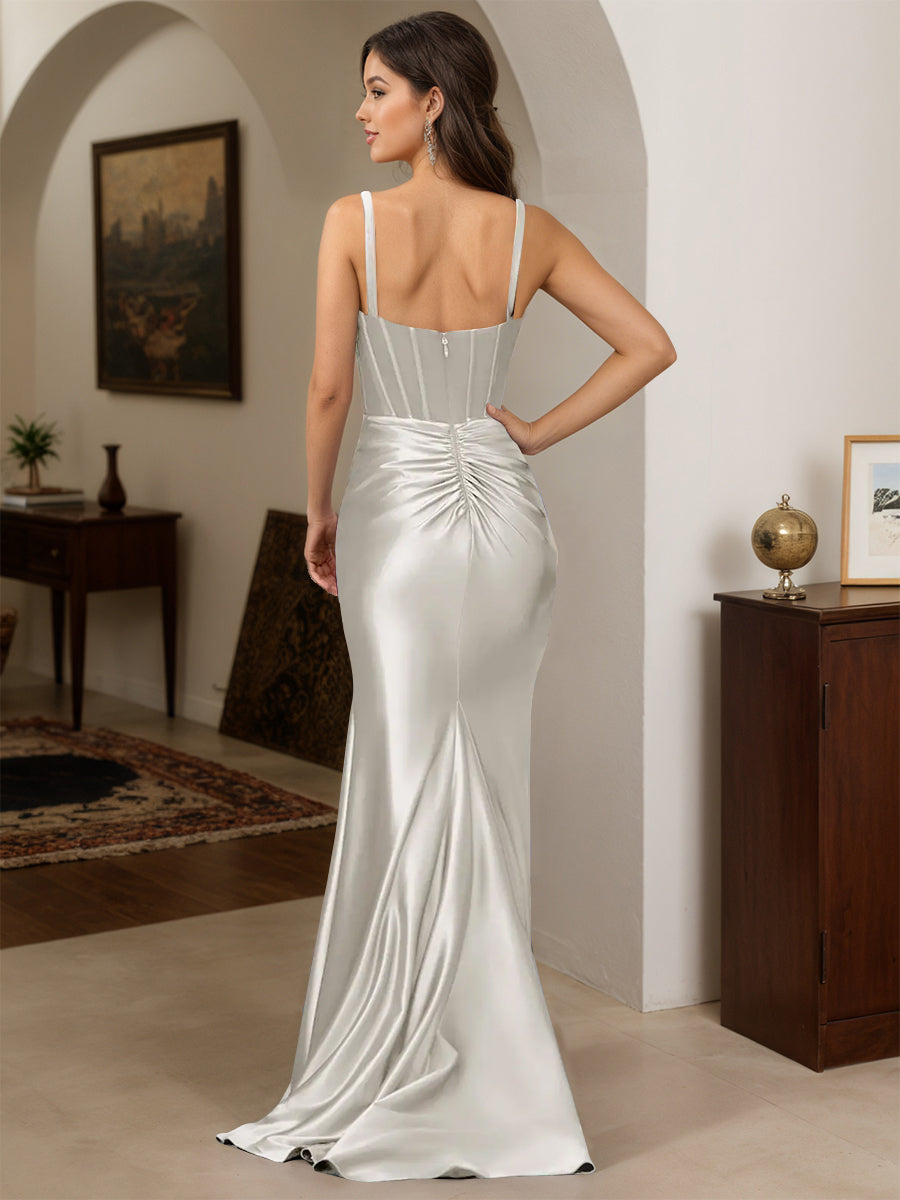 Cicinia Silver Prom Dresses Long Stretch Satin Sheath Backless Sleeveless Gowns