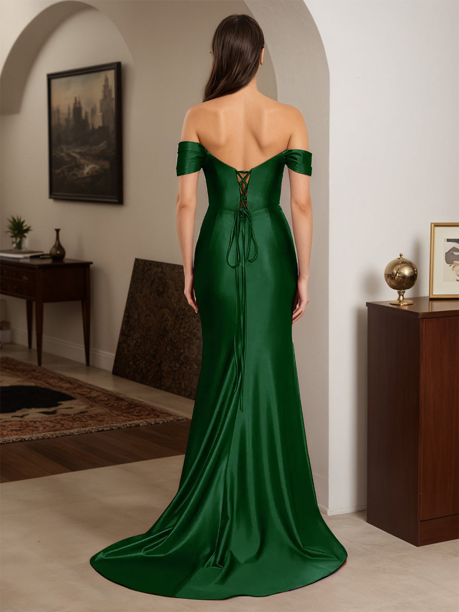 Cicinia Dark Green Prom Dresses Long Off The Shoulder Sheath Beaded Backless
