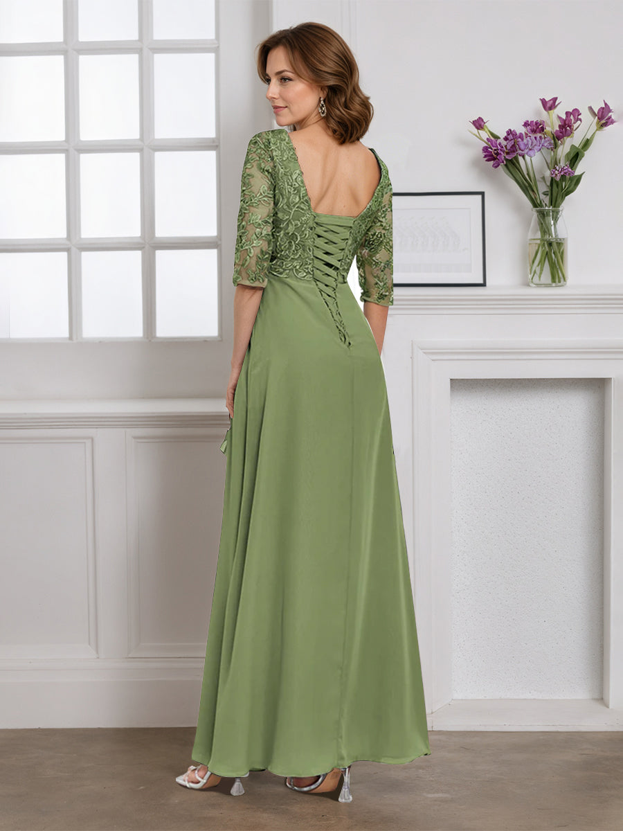 Cicinia Dusty Sage Mother Of The Bride Dress Half Sleeves Long Chiffon Lace A-line V-neck Floor Length Gowns
