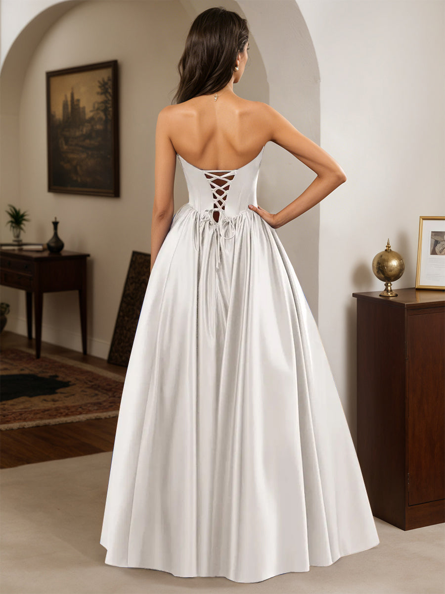Cicinia White Prom Dresses Long A-line Satin Strapless Floor Length Party Dress