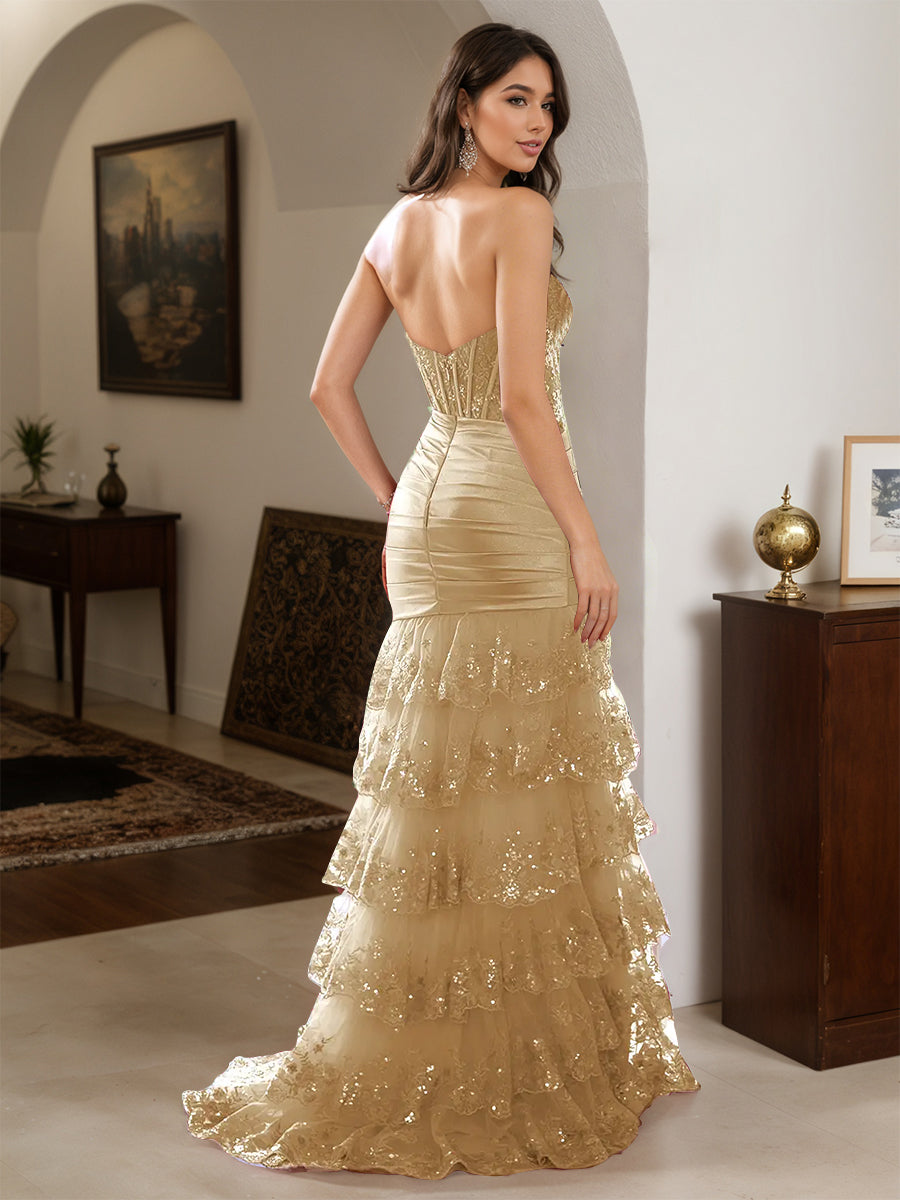 Cicinia Champagne Prom Dresses Long Lace Sheath Layered Slit Sweetheart Dress