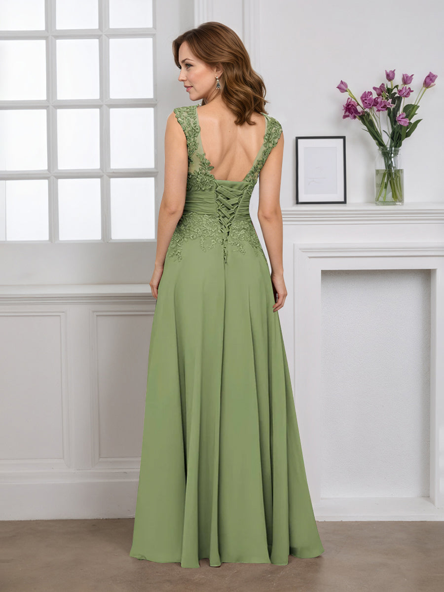 Cicinia Dusty Sage Mother Of The Bride Dress Long Chiffon Appliques Lace A-line Floor Length V-neck