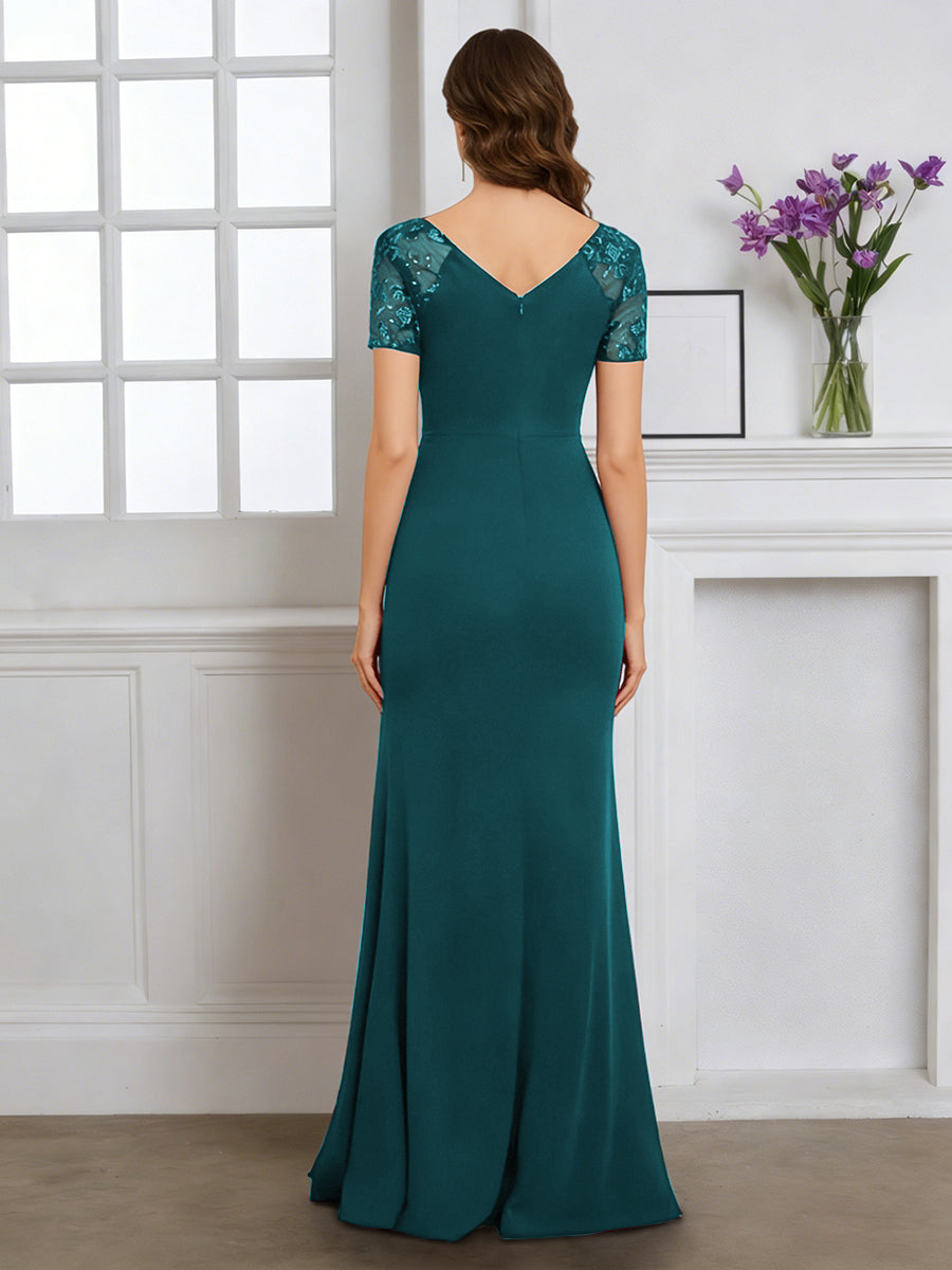 Cicinia Teal Mother Of The Bride Dress With Sleeves Long Stretch Fabric Sheath V-neck Slit