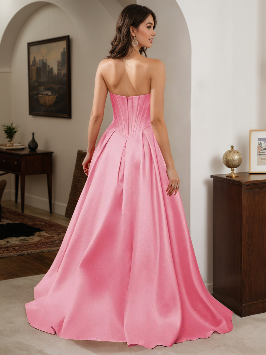 Cicinia Flamingo Prom Dresses Long Satin A-line Strapless Floor Length Dress