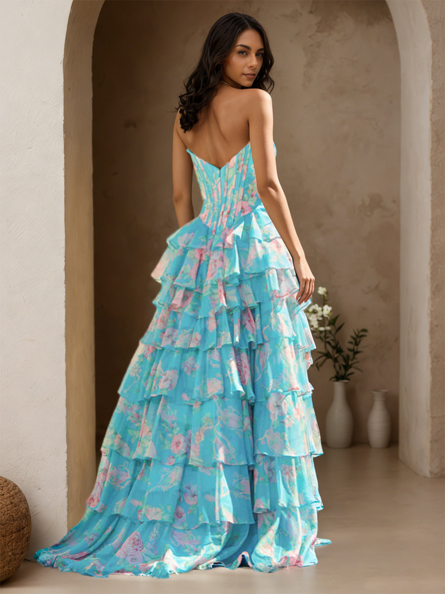Cicinia Pool Prom Dresses Long Printed Fabric A-line Sleeveless Slit Layered Gowns