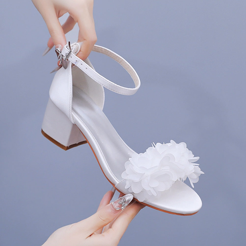 White Floral Satin Open Toe Low Chunky Heels