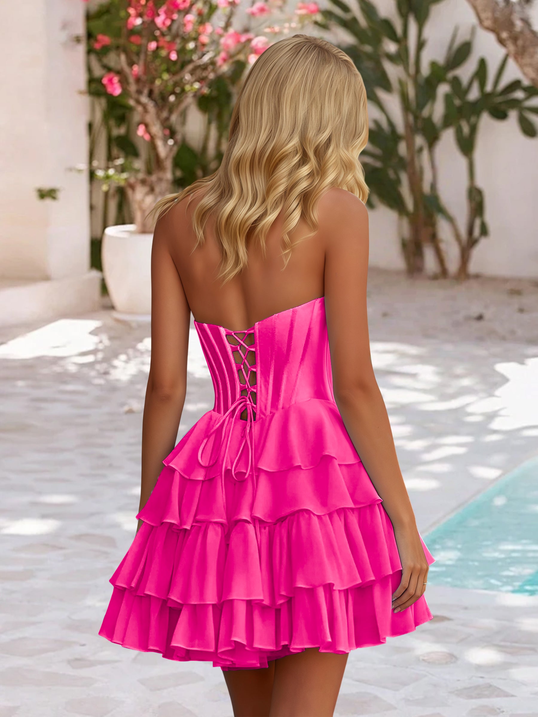 Cicinia Fuchsia Homecoming Dresses Short Tiered Ruffle Chiffon A-Line Mini Length Sweetheart