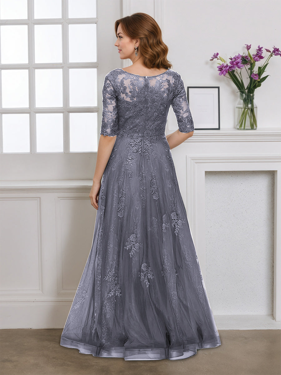 Cicinia Gray Mother Of The Bride Dress Half Sleeves Long Tulle Appliques Lace Floor Length