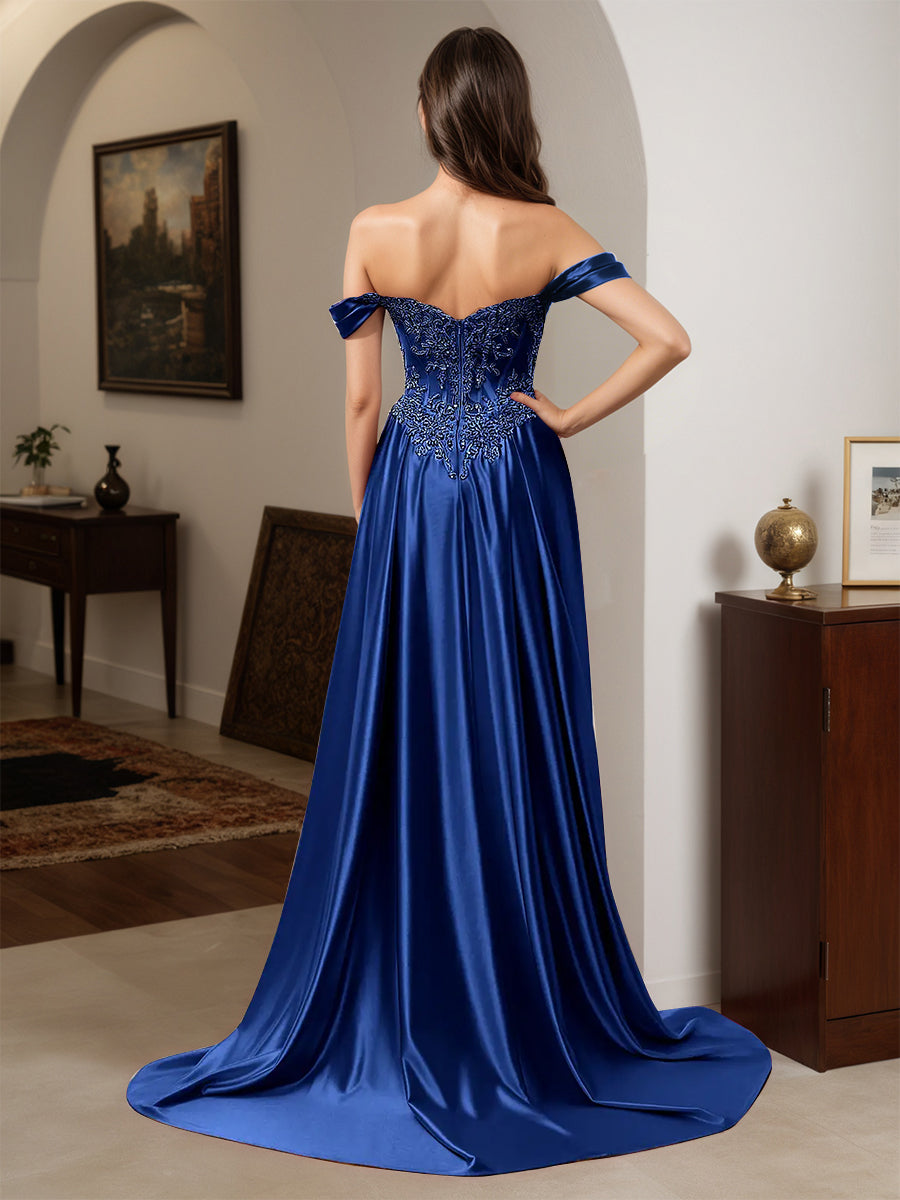 Cicinia Royal Blue Prom Dresses Long Sheath Appliques Lace Off The Shoulder Dress