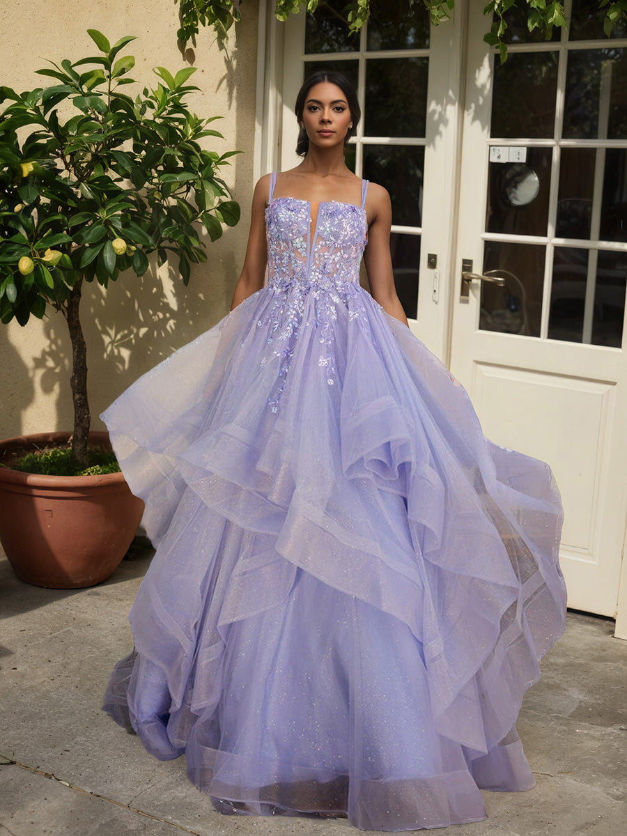 Unique Lavender Spaghetti Straps Layers Long Princess Prom Dress