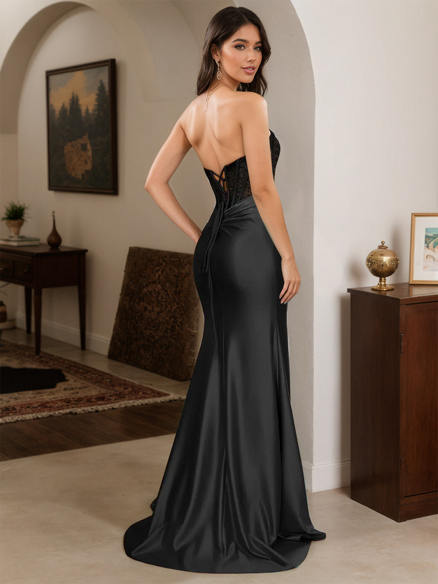 Cicinia Black Prom Dresses Long Beaded Sheath Strapless Backless Dress