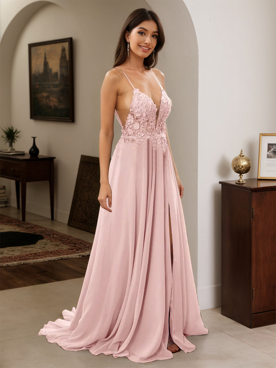 Cicinia Dusty Rose Prom Dresses Long Chiffon Dress A-line Spaghetti Straps Backless