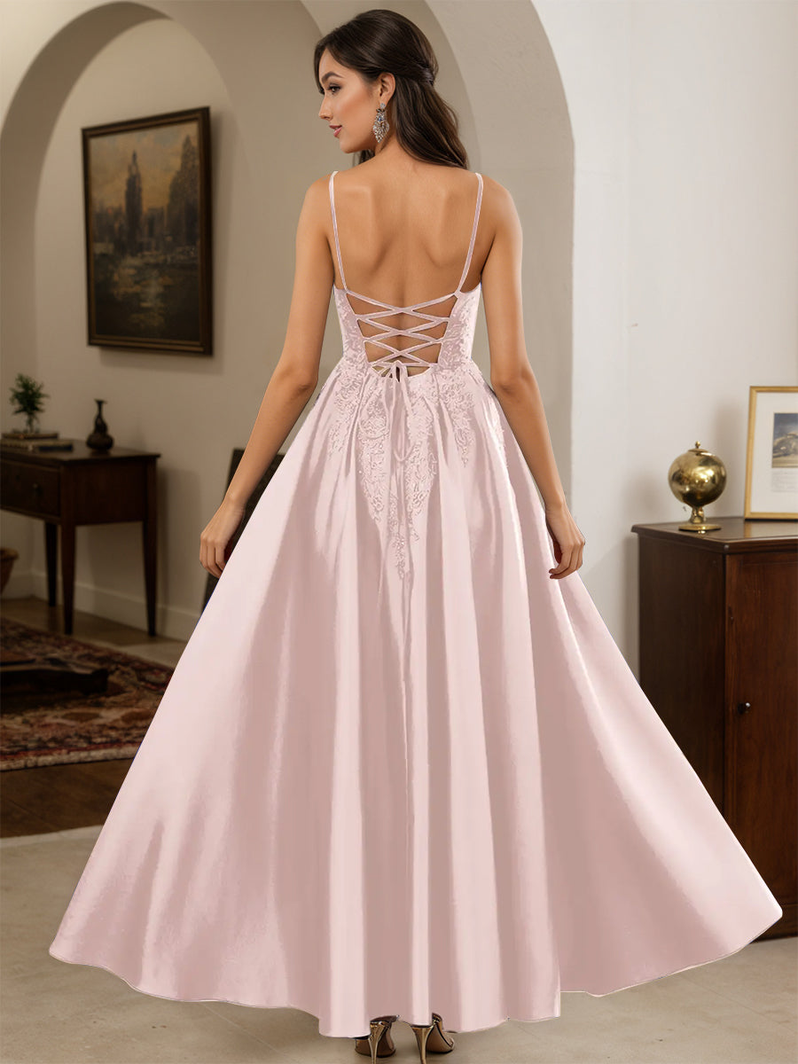 Cicinia Blushing Pink Prom Dresses Long Satin Appliques Lace A-line Floor Length