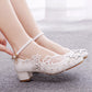 Round Toe Lace Rhinestones Ankle Strap Chunky Heel Wedding Shoes