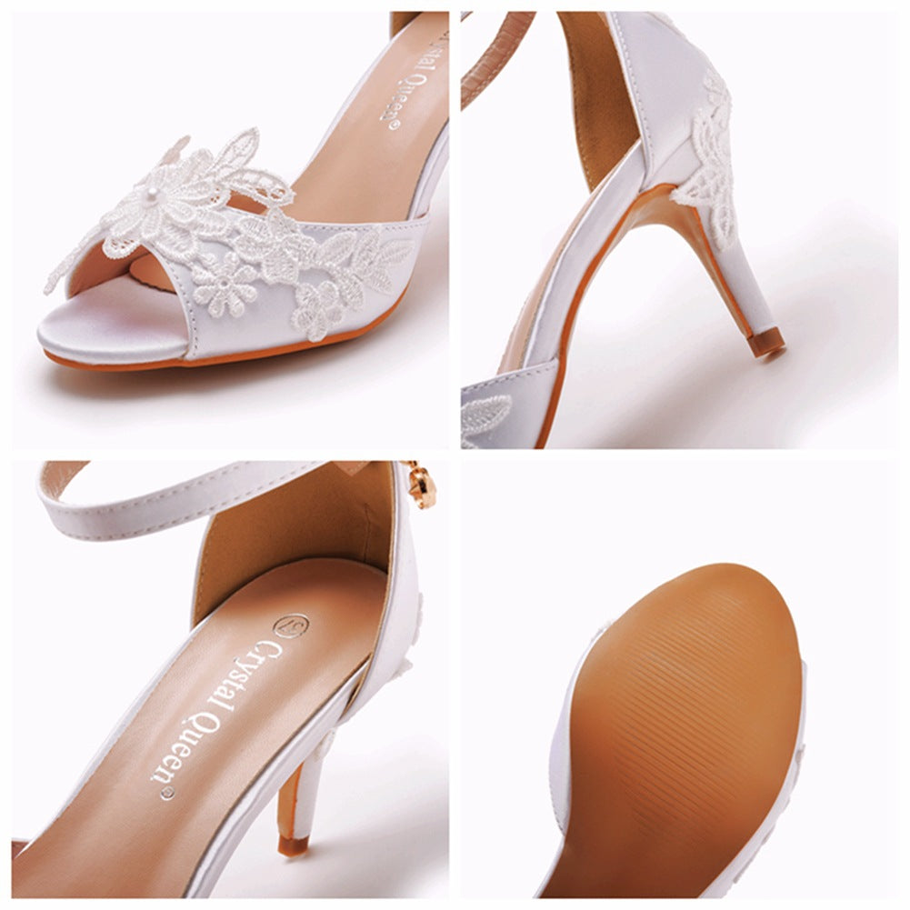 White Satin Floral Lace One-Strap Peep Toe High Heel Sandals