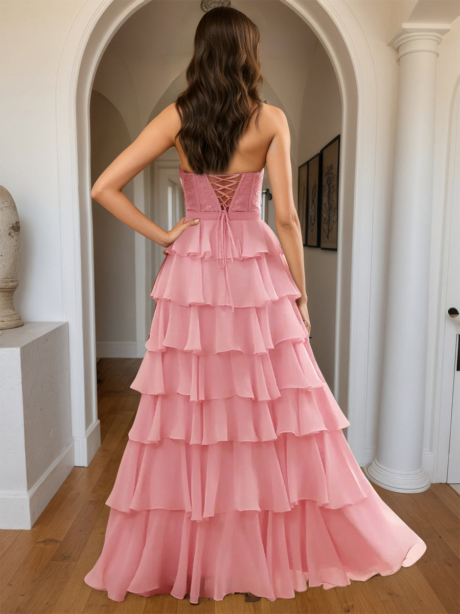 Cicinia Pink Prom Dresses Long Halter A-line Chiffon Backless Layered Gowns