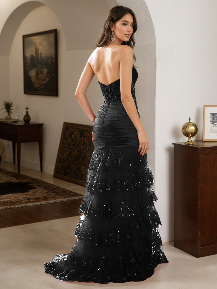 Cicinia Black Prom Dresses Long Lace Sheath Layered Slit Sweetheart Dress