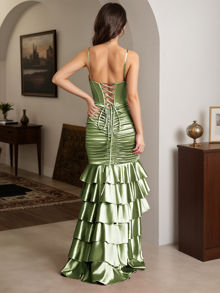Cicinia Dusty Sage Prom Dresses Long Stretch Satin Ruffles Sheath Slit Spaghetti Straps Gowns
