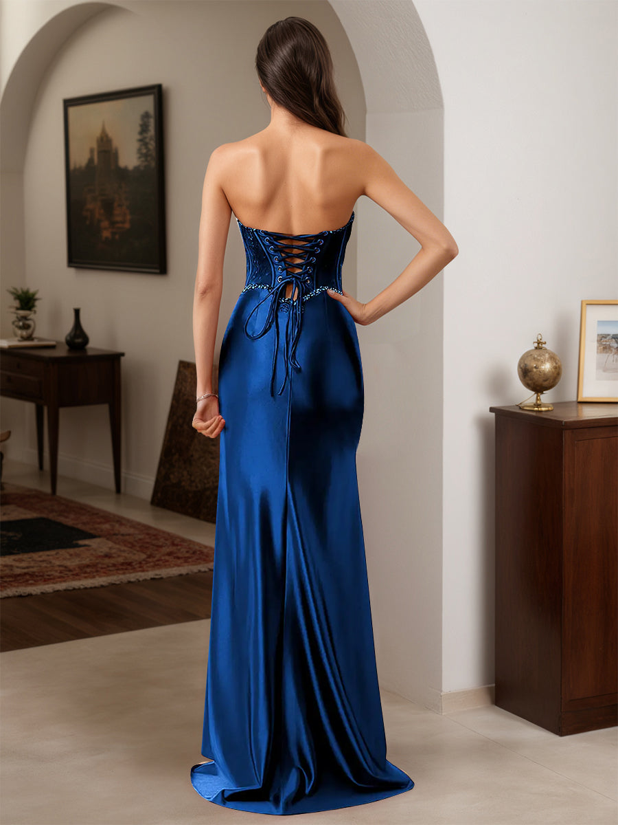 Cicinia Navy Blue Prom Dresses Long Sheath Beaded Sweetheart Slit Party Dress