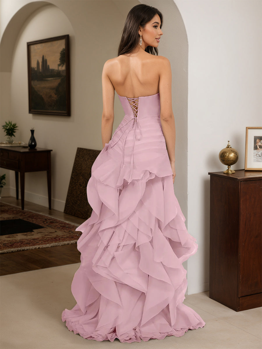 Cicinia Vintage Mauve Prom Dresses Long Tulle Sheath Layered Strapless Dress With 3D Flower
