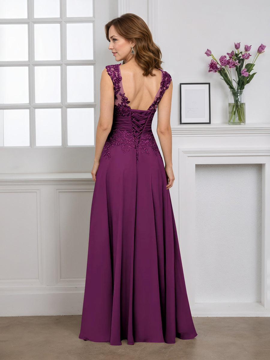 Cicinia Grape Mother Of The Bride Dress Long Chiffon Appliques Lace A-line Floor Length V-neck