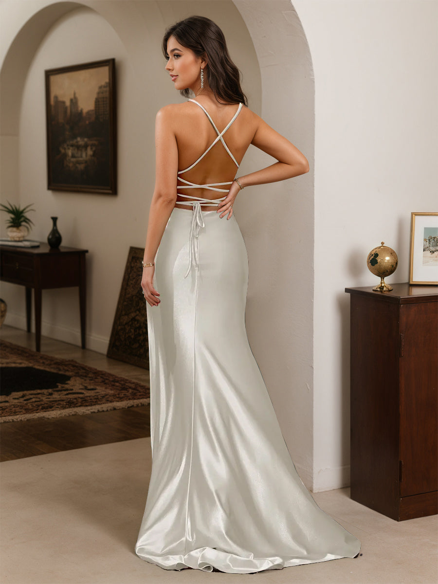 Cicinia Ivory Prom Dresses Long Spaghetti Straps Backless Sheath Slit Gowns