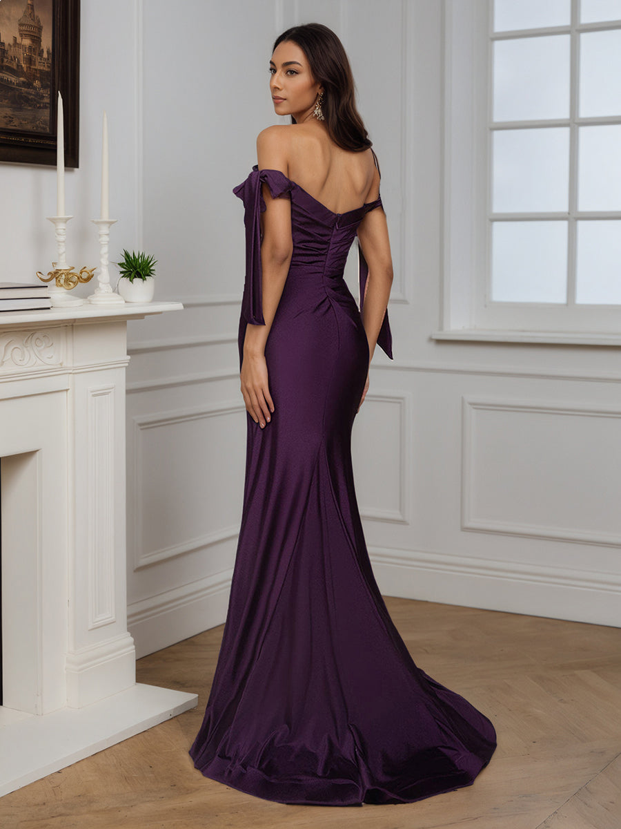 Pretty Grape Off The Shoulder Evening Gown Long Slit Sheath Prom Dress