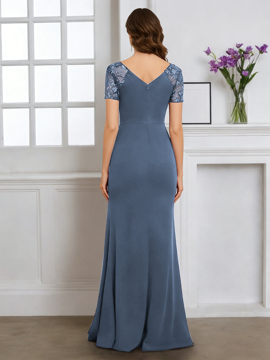 Cicinia Dusty Blue Mother Of The Bride Dress With Sleeves Long Stretch Fabric Sheath V-neck Slit