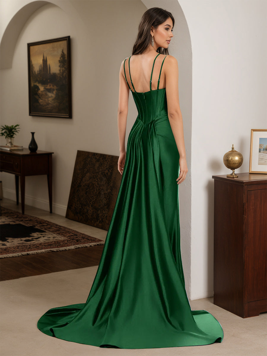 Cicinia Dark Green Prom Dresses Long Spaghetti Straps Sheath Beaded Slit Dress