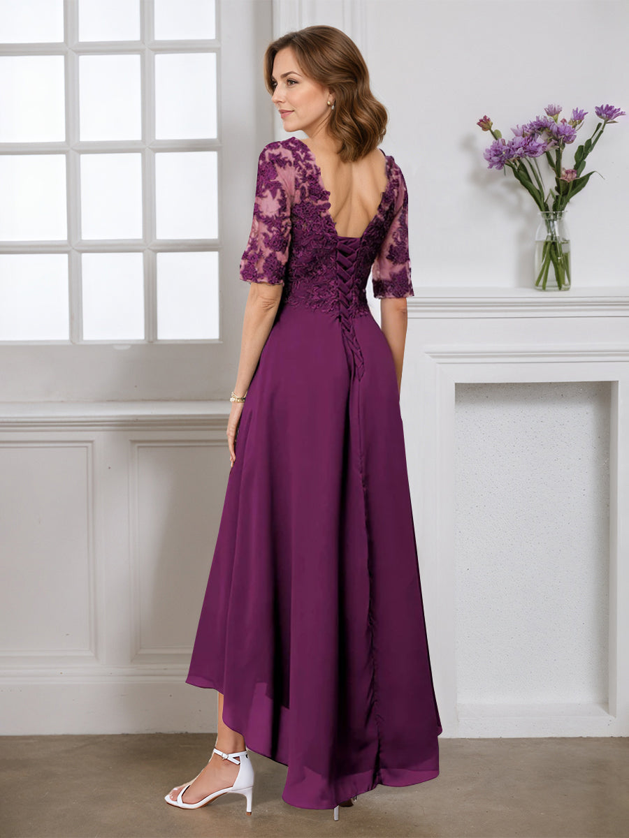 Cicinia Grape Mother Of The Bride Dress Half Sleeves Long Chiffon Lace A-line V-neck High-Low Hemline