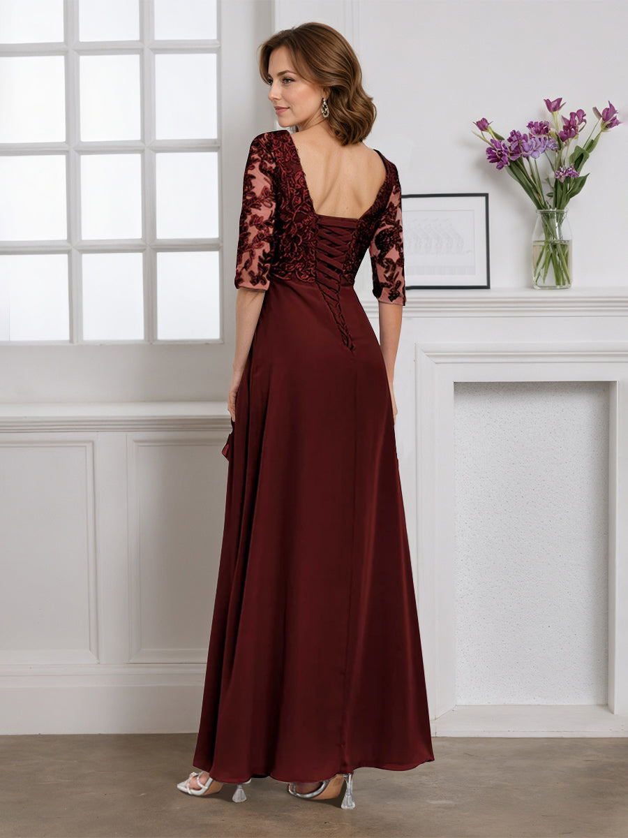 Cicinia Burgundy Mother Of The Bride Dress Half Sleeves Long Chiffon Lace A-line V-neck Floor Length Gowns