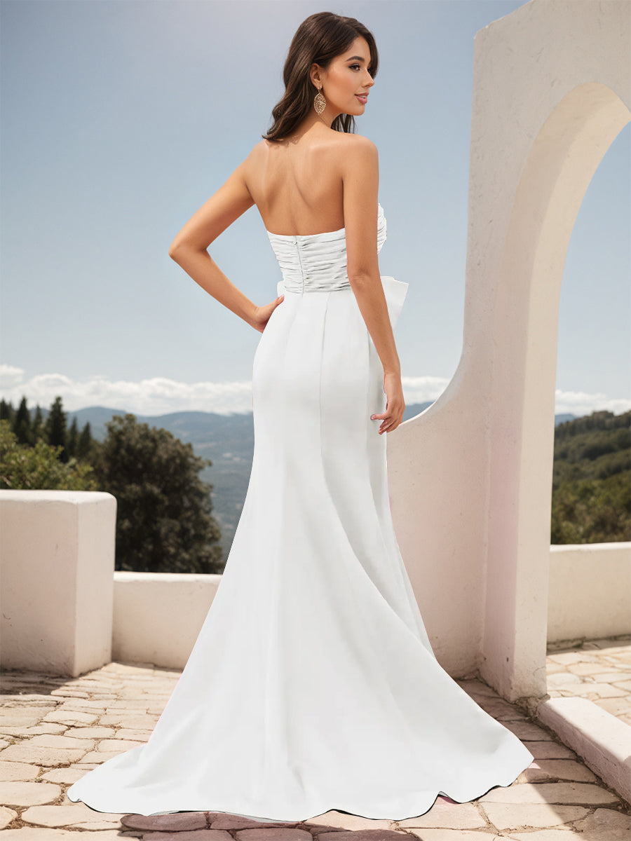 Cicinia White Prom Dresses Long Stretch Fabric Sheath Slit Strapless Gowns With Big Bowknot