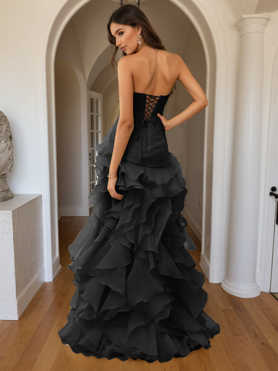 Cicinia Black Prom Dresses Long Sheath Slit Strapless Backless Layered Gowns