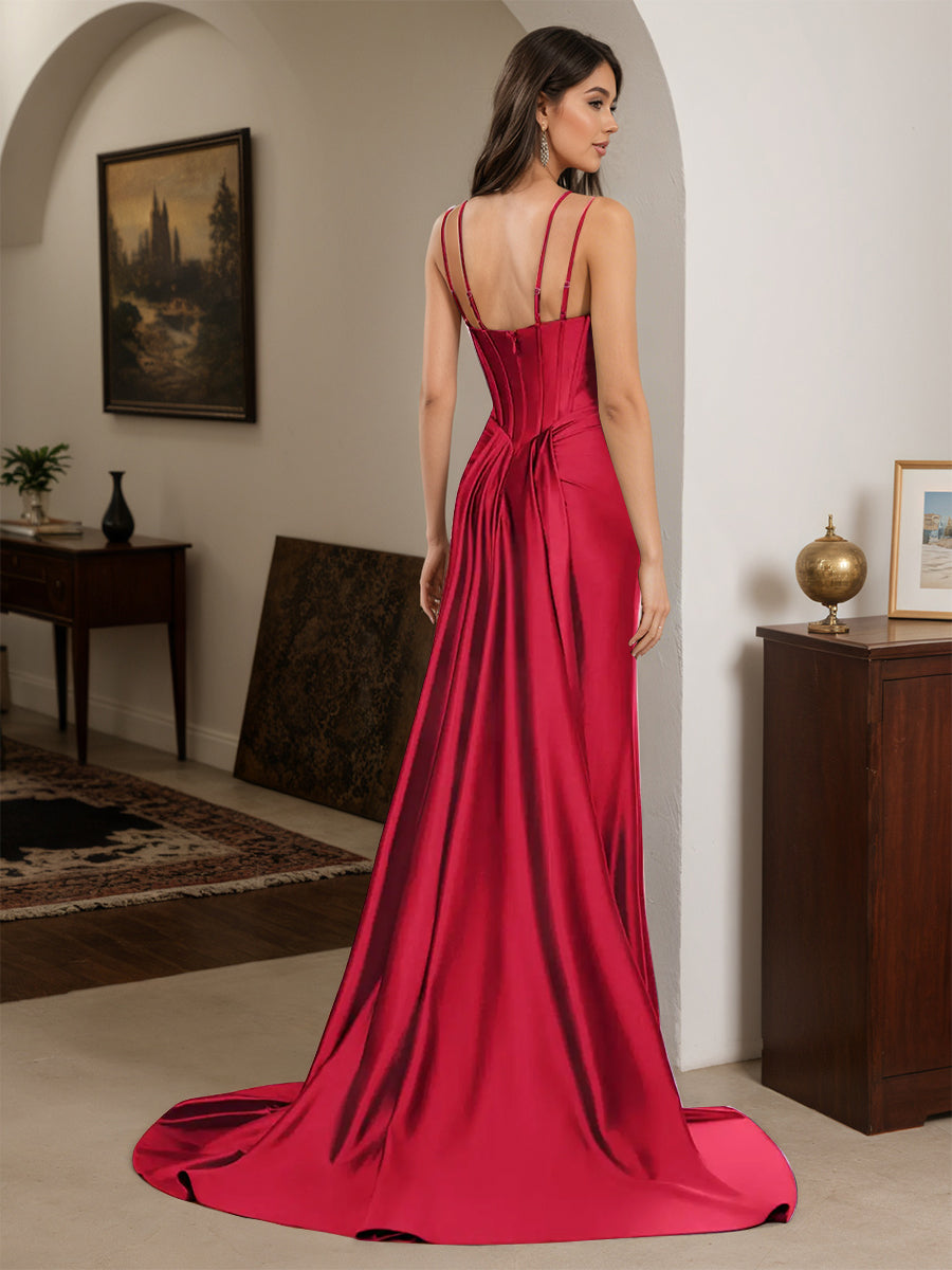 Cicinia Red Prom Dresses Long Spaghetti Straps Sheath Beaded Slit Dress