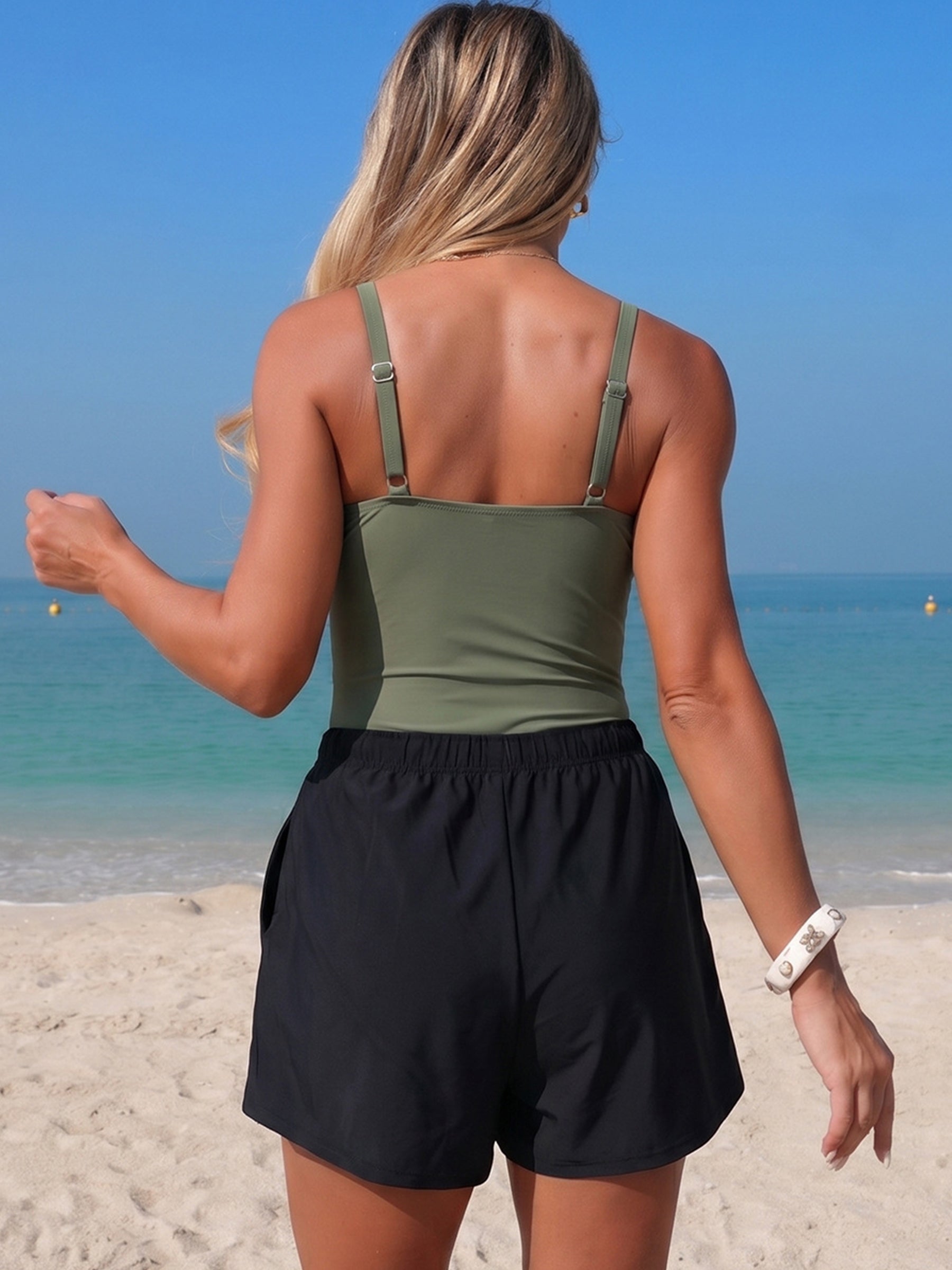Cicinia Casual V Neck Solid Black Olive Green One Piece Adjustable Straps Jumpsuit With Pockets