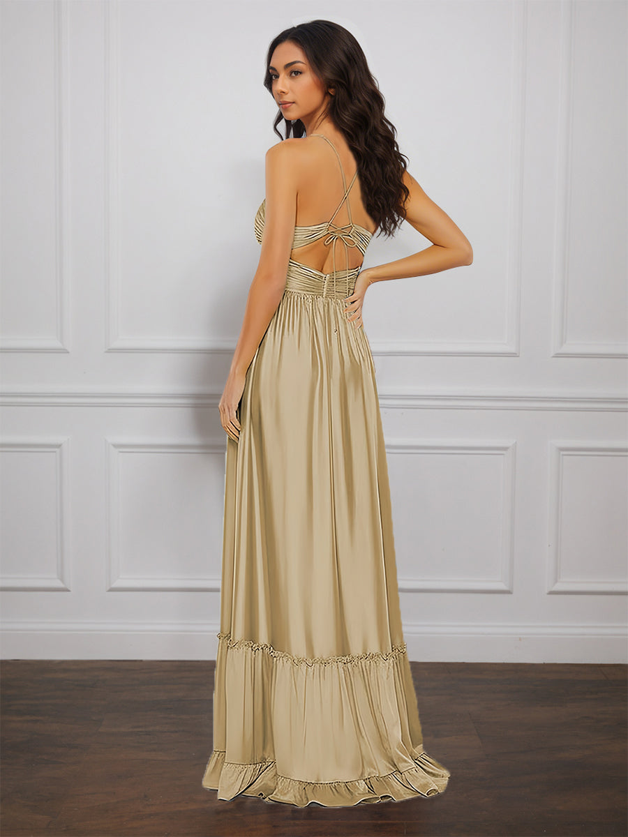 Cicinia Champagne Prom Dresses Long Soft Satin A-line Spaghetti Straps Sweep Train