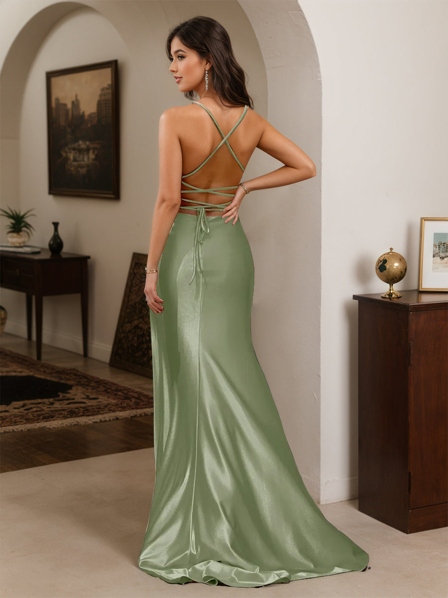 Cicinia Dusty Sage Prom Dresses Long Spaghetti Straps Backless Sheath Slit Gowns