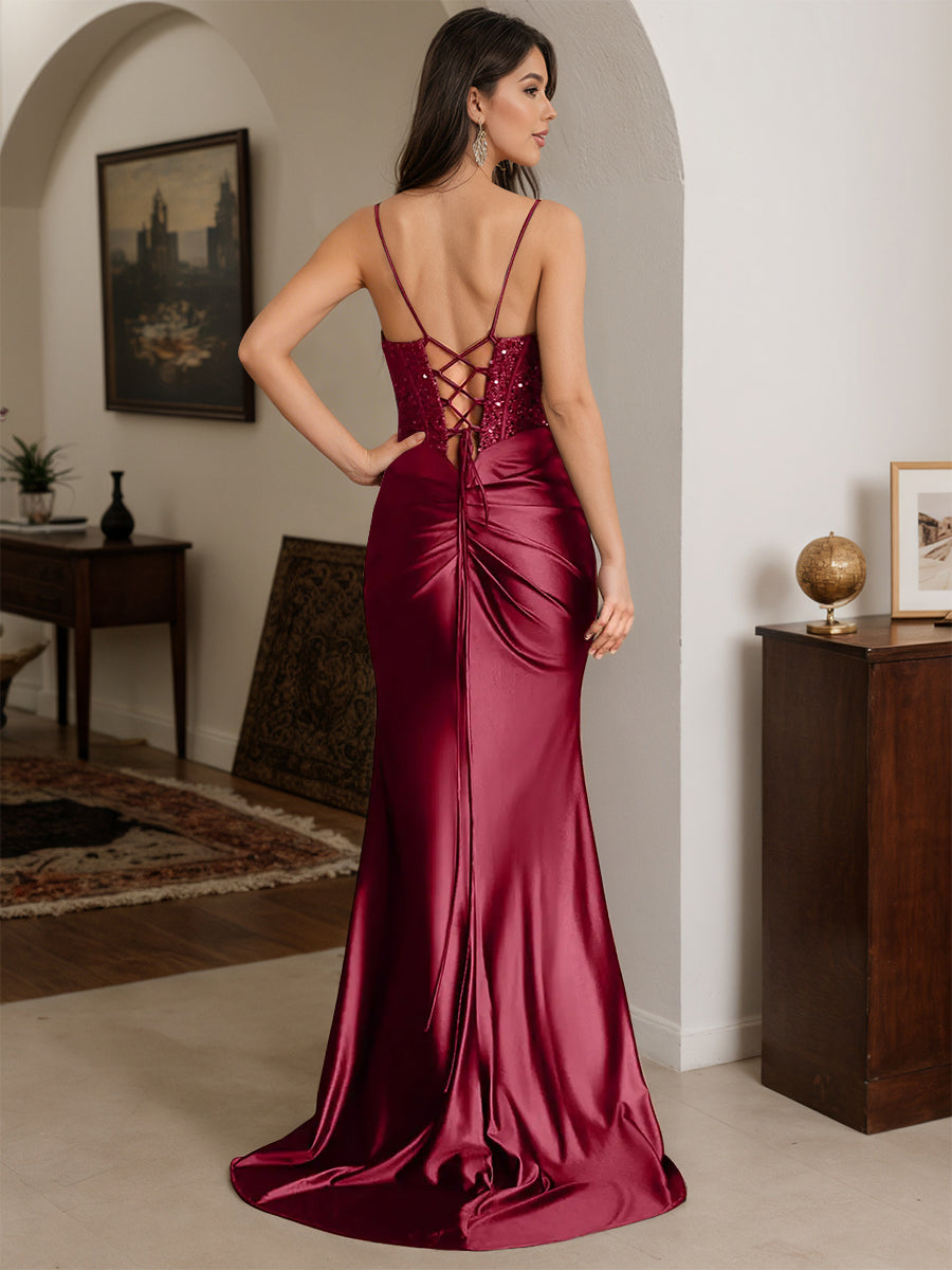 Cicinia Burgundy Prom Dresses Long Stretch Satin Spaghetti Straps Sheath Party Gowns With Sweep Train