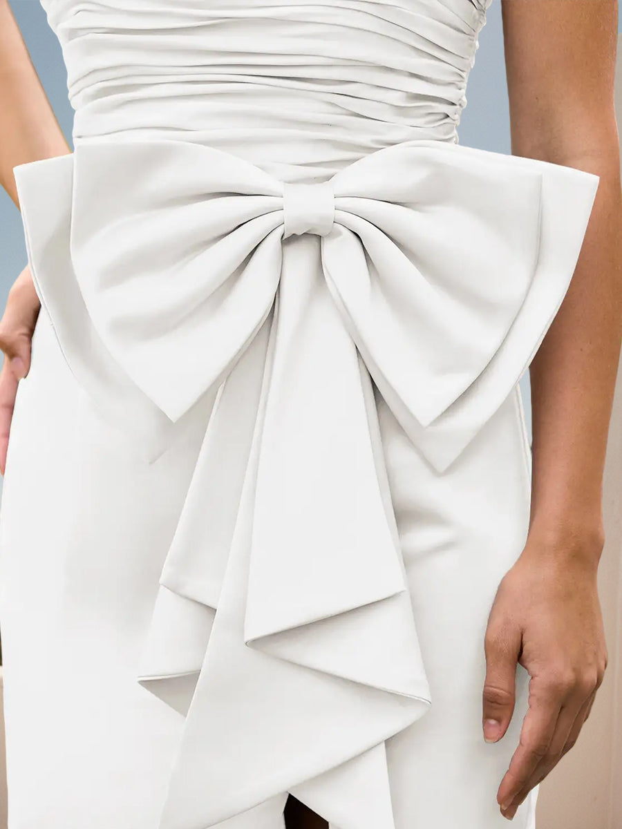 Cicinia White Prom Dresses Long Stretch Fabric Sheath Slit Strapless Gowns With Big Bowknot