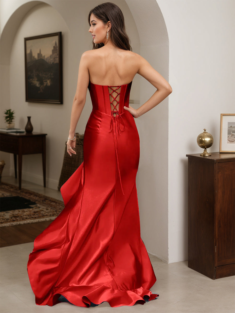 Cicinia Red Prom Dresses Long Srtapless Sheath Ruffles Party Gowns