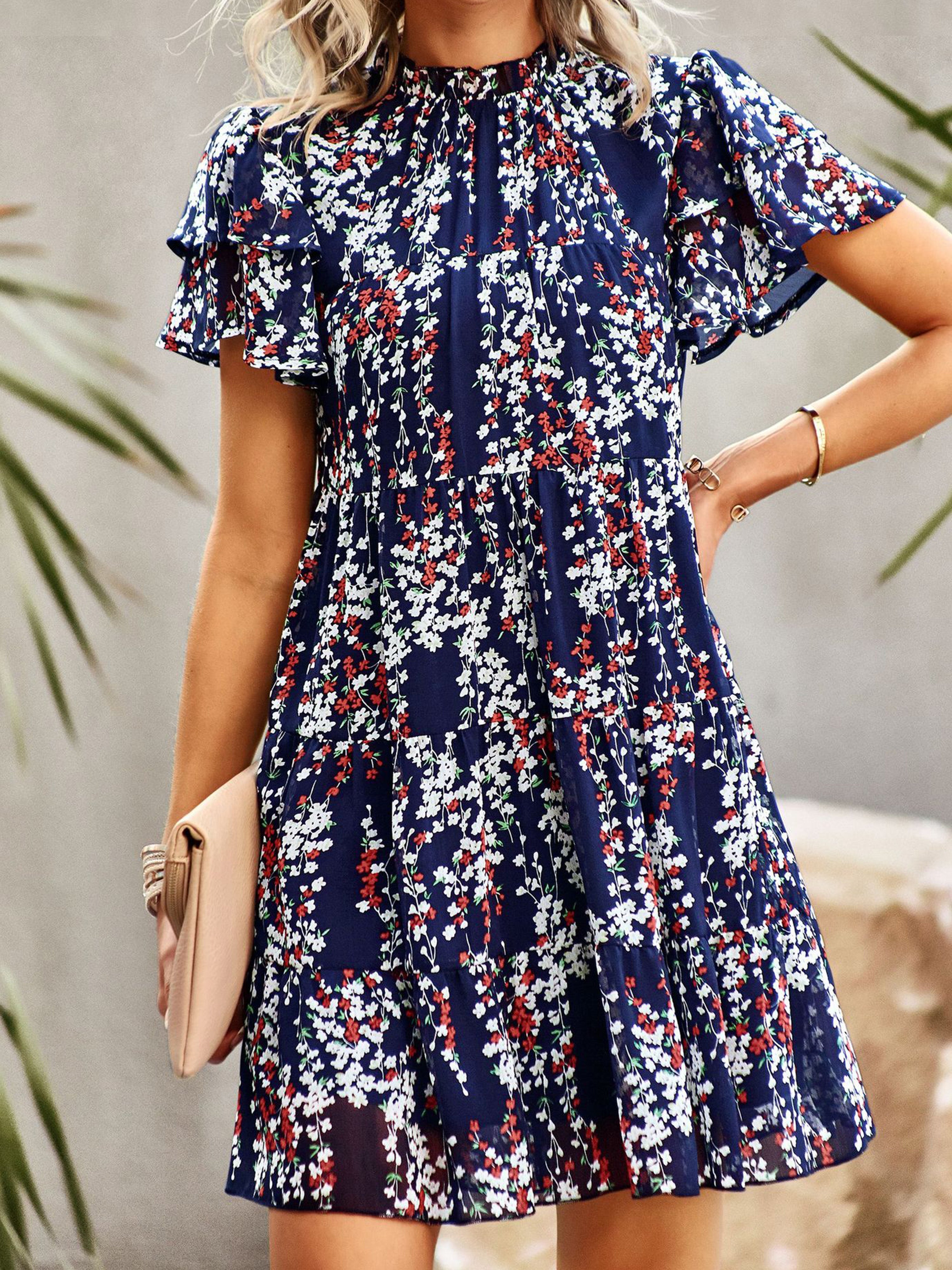 Jewel A Line Floral Dark Navy Ruffles Sleeves Wedding Guest Dress