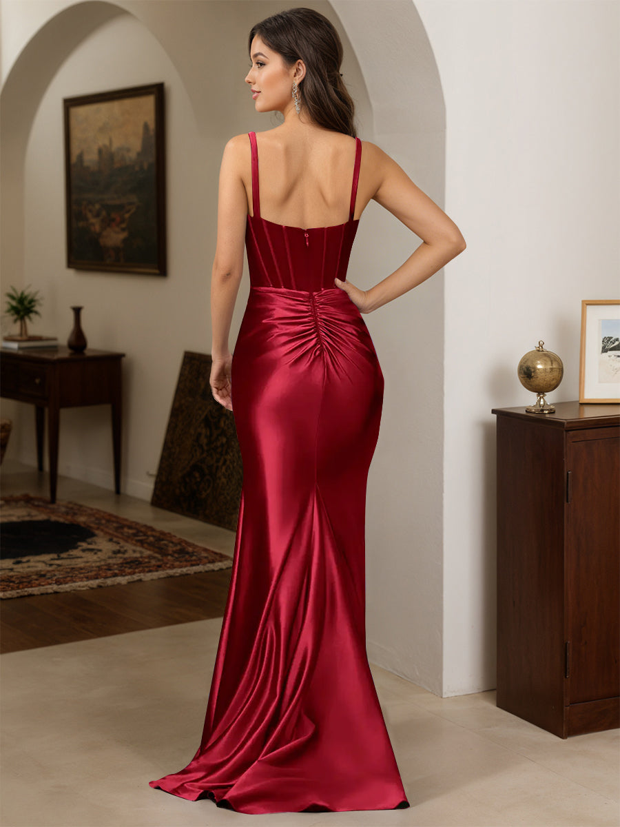 Cicinia Burgundy Prom Dresses Long Stretch Satin Sheath Backless Sleeveless Gowns