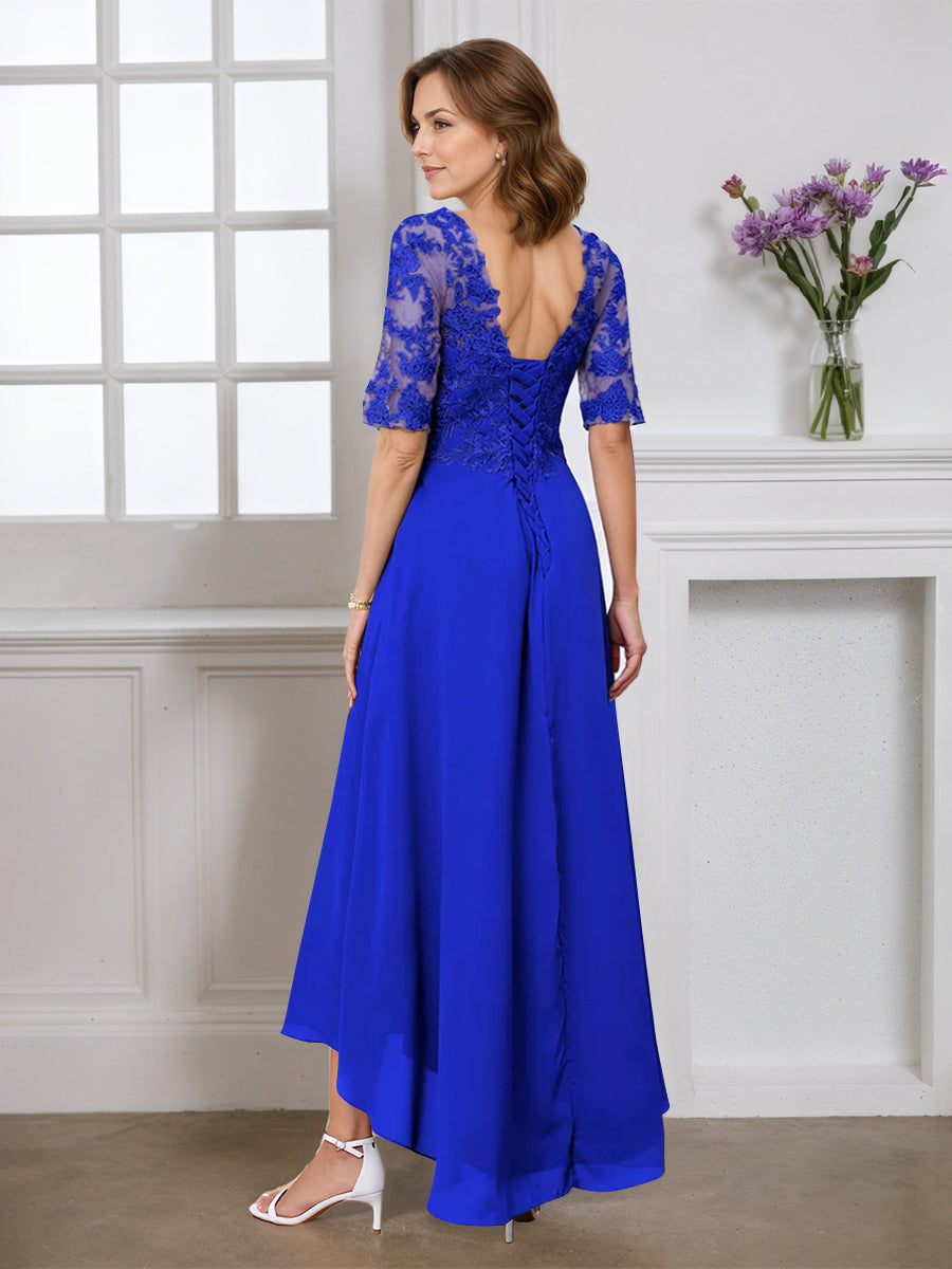 Cicinia Royal Blue Mother Of The Bride Dress Half Sleeves Long Chiffon Lace A-line V-neck High-Low Hemline