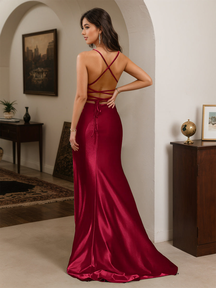 Cicinia Burgundy Prom Dresses Long Spaghetti Straps Backless Sheath Slit Gowns