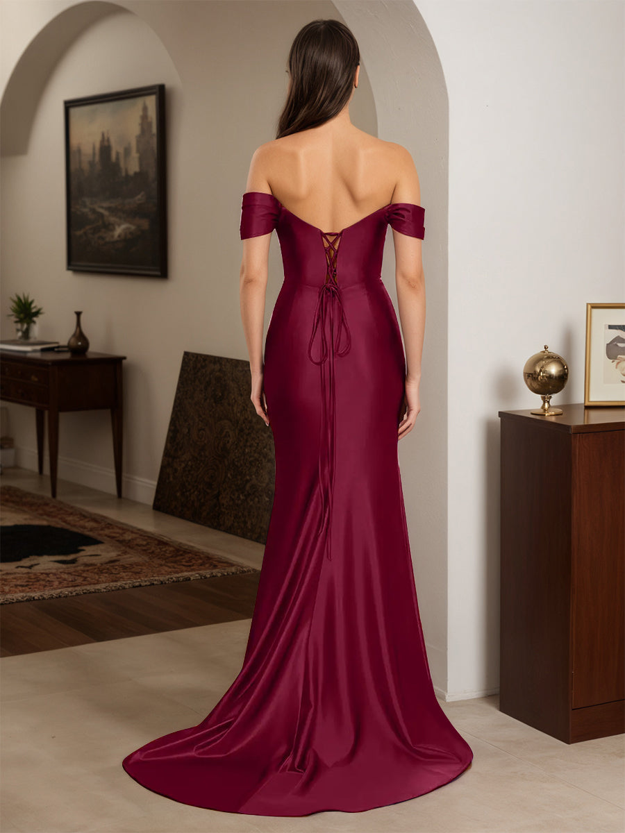 Cicinia Mulberry Prom Dresses Long Off The Shoulder Sheath Beaded Backless