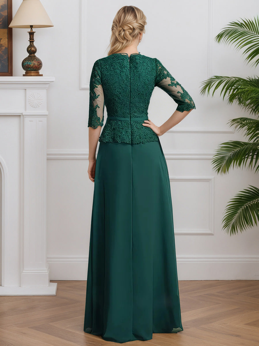 Cicinia Dark Green Mother Of The Groom Dress Long Chiffon Lace A-line Half Sleeves V-neck