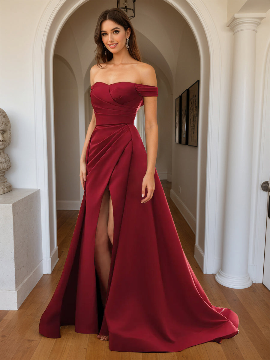 Cicinia Burgundy Prom Dresses Long Sheath Soft Satin Slit Off The Shoulder Party Dress