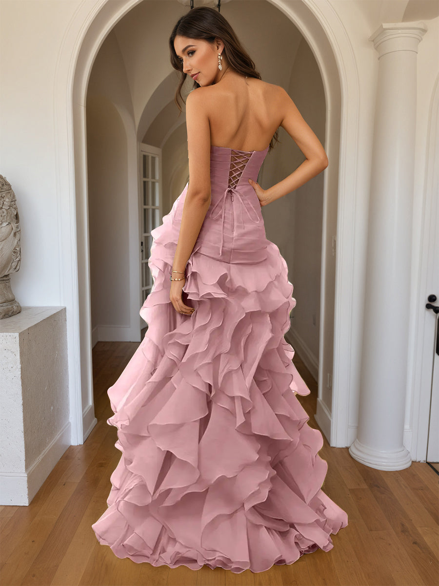 Cicinia Dusty Rose Prom Dresses Long Sheath Slit Strapless Backless Layered Gowns