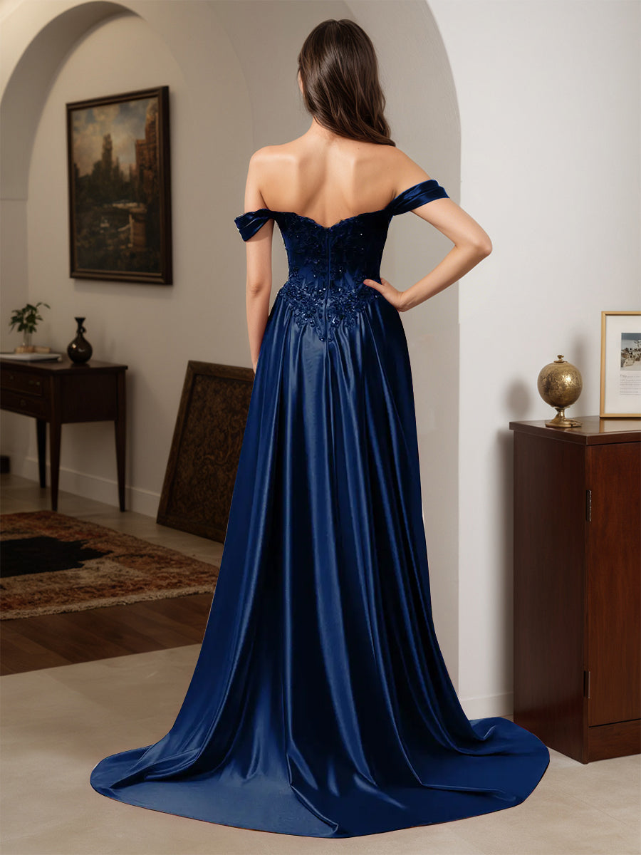 Cicinia Dark Navy Prom Dresses Long Sheath Appliques Lace Off The Shoulder Dress